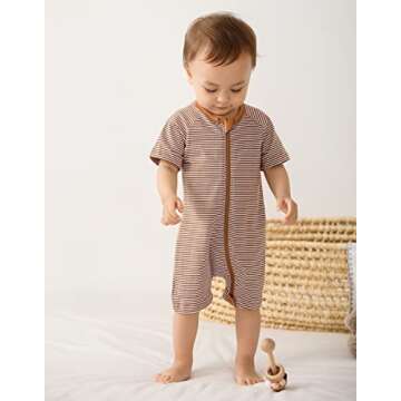 Feidoog 2PCS Baby Boys and Girls' Summer Short Sleeve One-Piece Romper Cute Cartoon Zipper Jumpsuit Outfits,BrownSet,3-6M