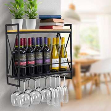 Sorbus Wine Bottle Stemware Glass Rack, Industrial 2-Tier Wood Shelf, Wall Mounted Wine Racks with 5...