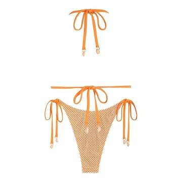 ZAFUL Women's Triangle Bikini Multiway Fishnet Tie Side Bandeau Halter String Bikini Set Two Piece Swimsuit Bathing Suits (1-Orange, S)