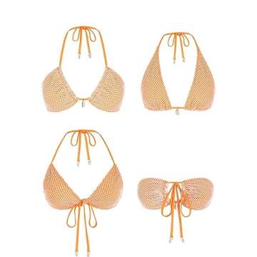 ZAFUL Women's Triangle Bikini Multiway Fishnet Tie Side Bandeau Halter String Bikini Set Two Piece Swimsuit Bathing Suits (1-Orange, S)