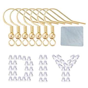 Earring Hooks for Jewelry Making - 120 PCS/60 Pairs Hypoallergenic 14K Gold Ear Wires Fish Hooks for Jewelry Making, Jewelry Findings Parts with 120 PCS Rubber Earring Backs Stopper for DIY Earrings