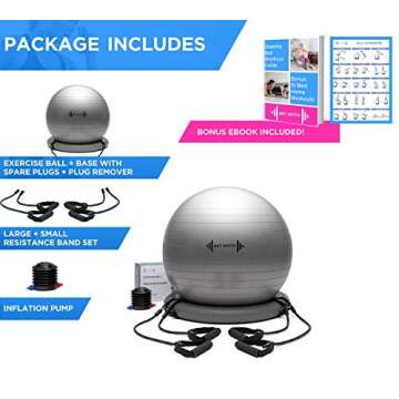 Let's Get Aktiv Exercise Ball with Resistance Bands – 1 Yoga Ball (65cm) + Stability Base, A1 Wall Poster, 2 Exercise Bands Sets (45 & 70cm), Ball Pump, Spare Plugs & Plug Remover – eBook Included!