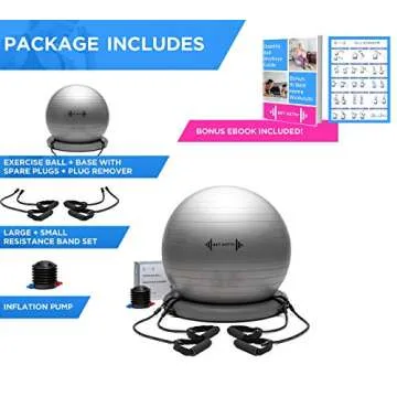 Let's Get Aktiv Exercise Ball with Resistance Bands – 1 Yoga Ball (65cm) + Stability Base, A1 Wall Poster, 2 Exercise Bands Sets (45 & 70cm), Ball Pump, Spare Plugs & Plug Remover – eBook Included!