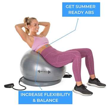 Let's Get Aktiv Exercise Ball with Resistance Bands – 1 Yoga Ball (65cm) + Stability Base, A1 Wall Poster, 2 Exercise Bands Sets (45 & 70cm), Ball Pump, Spare Plugs & Plug Remover – eBook Included!
