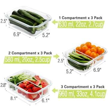HOMBERKING 9 Pack Glass Meal Prep Containers 3 & 2 & 1 Compartment, Glass Food Storage Containers wi...