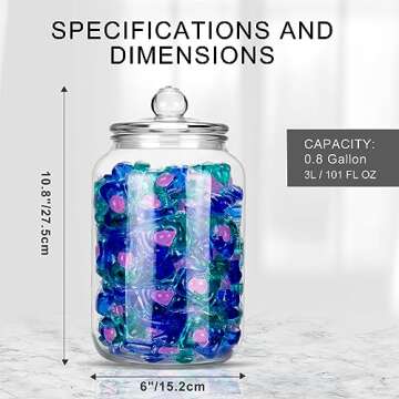 Glass Jars for Laundry Room Organization - 2 Pack, 0.8 Gallon Glass Containers with Lids, Perfect for Dryer Sheets, Laundry Pods, Scent Boosters, and more - Convenient Laundry Room Storage Solution