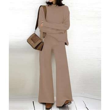 ETCYY NEW Womens Elegant Lounge Sets Knitted Sweatsuit Sets 2 Piece Outfits with Sweater Tops and Wide Leg Sweatpants 115dark Apricot