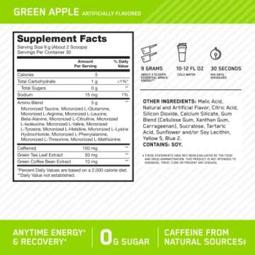 Optimum Nutrition Amino Energy - Pre Workout with Green Tea, BCAA, Amino Acids, Keto Friendly, Green Coffee Extract, Energy Powder - Green Apple, 30 Servings (Packaging May Vary)