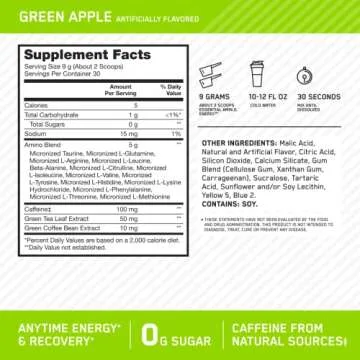 Optimum Nutrition Amino Energy - Pre Workout with Green Tea, BCAA, Amino Acids, Keto Friendly, Green Coffee Extract, Energy Powder - Green Apple, 30 Servings (Packaging May Vary)