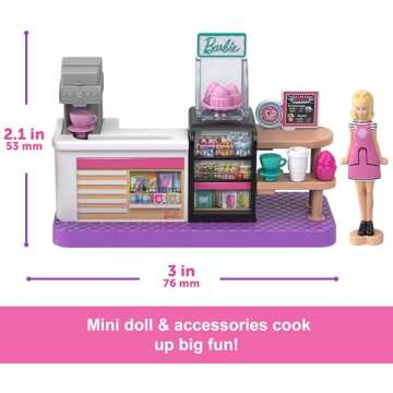 Barbie Mini BarbieLand Collectible Bakery Playset with 1.5-Inch Doll, Coffee Maker Station, Pastry Display and Seating Area for Storytelling Play