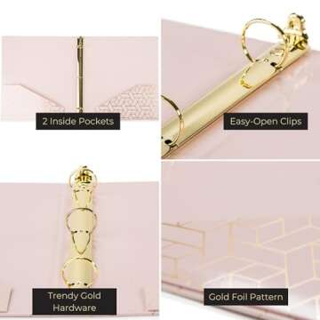 Blu Monaco Cute 3 Ring Binders - Pink Pastel with Gold Foil Geometric Design - Set of 2, 1-Inch Deco...