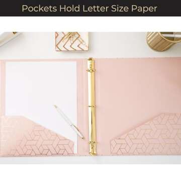 Blu Monaco Cute 3 Ring Binders - Pink Pastel with Gold Foil Geometric Design - Set of 2, 1-Inch Decorative Binder with 2 Pockets and Easy Open Clips -Ideal for School, Office, or College