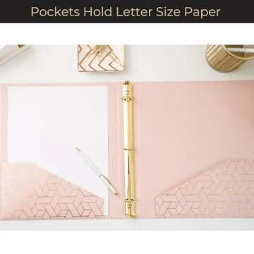 Blu Monaco Cute 3 Ring Binders - Pink Pastel with Gold Foil Geometric Design - Set of 2, 1-Inch Decorative Binder with 2 Pockets and Easy Open Clips -Ideal for School, Office, or College