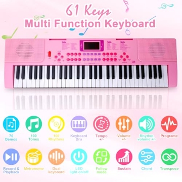 Kids Keyboard Piano, 61 Light-up Key Electric Piano Musical Learning Toy for Beginners with Microphone, Music Stand, Notekey Sticker, Birthday Xmas Gift for 3-10 Years Old, Pink