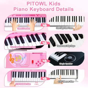 Kids Keyboard Piano, 61 Light-up Key Electric Piano Musical Learning Toy for Beginners with Microphone, Music Stand, Notekey Sticker, Birthday Xmas Gift for 3-10 Years Old, Pink