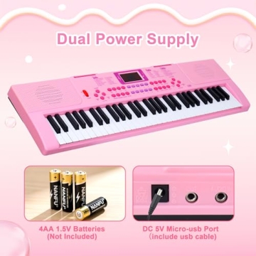 Kids Keyboard Piano, 61 Light-up Key Electric Piano Musical Learning Toy for Beginners with Microphone, Music Stand, Notekey Sticker, Birthday Xmas Gift for 3-10 Years Old, Pink