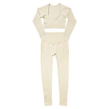 ABOCIW Workout Sets for Women 2 Piece Seamless Gym Yoga Outfits Ribbed Sweetheart Neck Long Sleeve Crop Top Tummy Control Butt Lifting High Waist Legging Sets Sportwear #1 Beige Small