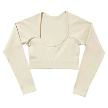 ABOCIW Workout Sets for Women 2 Piece Seamless Gym Yoga Outfits Ribbed Sweetheart Neck Long Sleeve Crop Top Tummy Control Butt Lifting High Waist Legging Sets Sportwear #1 Beige Small