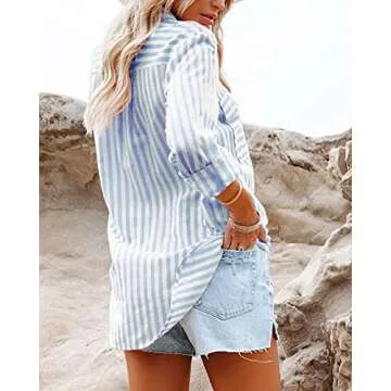 OMSJ Women's Striped Button Down Shirts Casual Long Sleeve Stylish V Neck Blouses Tops with Pockets (L, Blue)