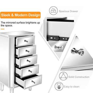 VINGLI Mirrored 5 Drawer Dresser for Any Room