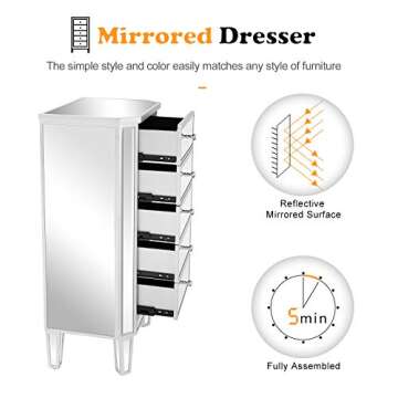 VINGLI Mirrored 5 Drawer Dresser for Any Room