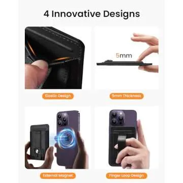 TWZKG for MagSafe Wallet, Magnetic Card Wallet Holder with Secure-Grip Finger Loop, for iPhone 15/14/13/12 Series, Not for 13/12 Mini, 5-Card Holder, Slim Vegan Leather, RFID Blocking, Black