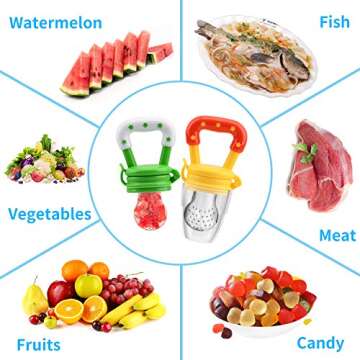 Food Feeder Baby Fruit Pacifier (3 Pcs) with 6 Different Sized Silicone Pacifiers 2 PCS Dispensing Spoon 90ML Spoons Clip Infant Teething Toy -Blue