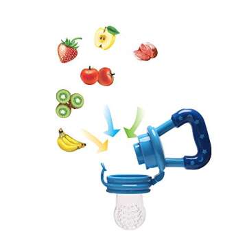 Food Feeder Baby Fruit Pacifier (3 Pcs) with 6 Different Sized Silicone Pacifiers 2 PCS Dispensing Spoon 90ML Spoons Clip Infant Teething Toy -Blue