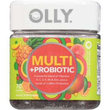 Olly Multi + Probiotic Adult Multivitamin Gummy, 1 Billion CFUs, Digestive and Immune Support Chewable Supplement, Tropical Twist, 35 Day Supply - 70 Count