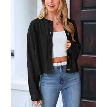PRETTYGARDEN Women's Long Sleeve Open Front Button Up Cropped Cardigan Cute Fall Sweaters 2024 Chunky Knit Short Coats(Solid Black,Medium)