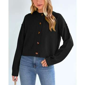 PRETTYGARDEN Women's Long Sleeve Open Front Button Up Cropped Cardigan Cute Fall Sweaters 2024 Chunky Knit Short Coats(Solid Black,Medium)