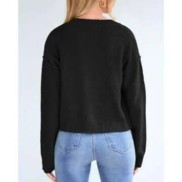 PRETTYGARDEN Women's Long Sleeve Open Front Button Up Cropped Cardigan Cute Fall Sweaters 2024 Chunky Knit Short Coats(Solid Black,Medium)