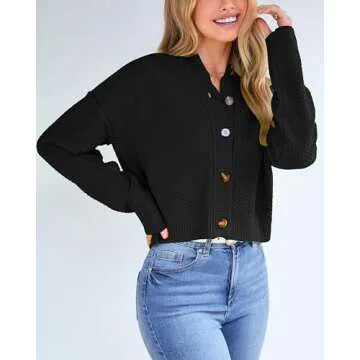 PRETTYGARDEN Women's Long Sleeve Open Front Button Up Cropped Cardigan Cute Fall Sweaters 2024 Chunky Knit Short Coats(Solid Black,Medium)
