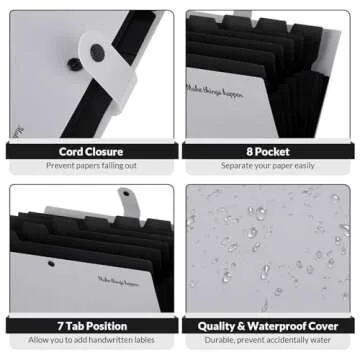 SKYDUE Accordion File Organizer, 8 Pockets Expanding File Folders, Portable Document Paper Organizer, Home College School Office Supplies, Letter Size Gray