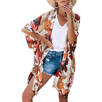 Floral Print Kimono Cardigans for Women 3/4 Sleeve Casual Blouse Tops