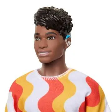 Barbie Fashionistas Ken Doll #220 with Behind-The-Ear Hearing Aids & Broad Body Wearing a Removable Orange Patterned Shirt, Shorts & Jelly Sandals