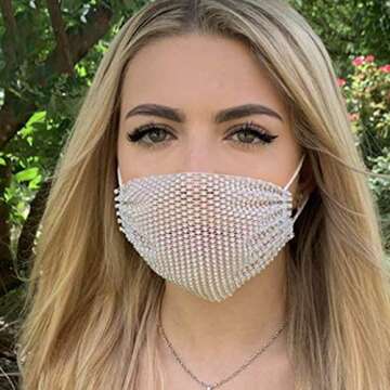 Barode Sparkly Rhinestone Mesh Mask Crystal Colorful Masquerade Ball Party Nightclub Face Masks Venetian Mardi Gras Jewelry for Women and Girls (Black) (White)