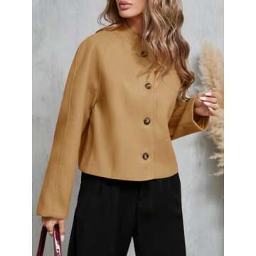 Tankaneo Womens Cropped Pea Coat Casual Button Down Long Sleeve Winter Loose Jackets