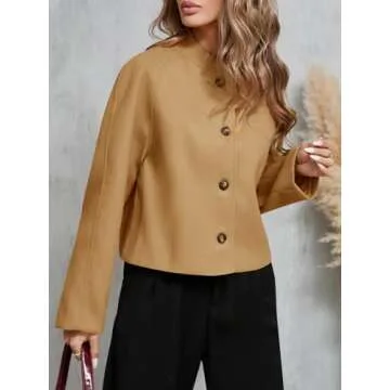 Tankaneo Womens Cropped Pea Coat Casual Button Down Long Sleeve Winter Loose Jackets