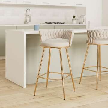 GOOLON Counter Height Stools Set of 2, Velvet Bar Stools with 27 Inches Upholstered Seat Height, Handmade Woven Back Armrest, Sturdy Golden Metal Legs for Home Dining Pub Kitchen Island, Beige