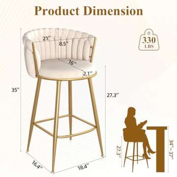 GOOLON Counter Height Stools Set of 2, Velvet Bar Stools with 27 Inches Upholstered Seat Height, Handmade Woven Back Armrest, Sturdy Golden Metal Legs for Home Dining Pub Kitchen Island, Beige