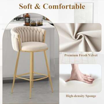 GOOLON Counter Height Stools Set of 2, Velvet Bar Stools with 27 Inches Upholstered Seat Height, Handmade Woven Back Armrest, Sturdy Golden Metal Legs for Home Dining Pub Kitchen Island, Beige