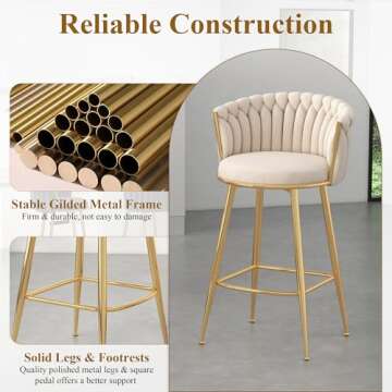 GOOLON Counter Height Stools Set of 2, Velvet Bar Stools with 27 Inches Upholstered Seat Height, Handmade Woven Back Armrest, Sturdy Golden Metal Legs for Home Dining Pub Kitchen Island, Beige