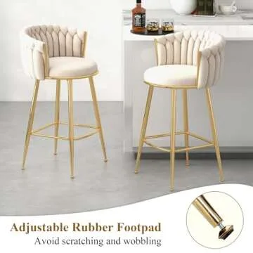 GOOLON Counter Height Stools Set of 2, Velvet Bar Stools with 27 Inches Upholstered Seat Height, Handmade Woven Back Armrest, Sturdy Golden Metal Legs for Home Dining Pub Kitchen Island, Beige