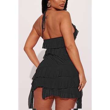 MOEENCN 2 Piece Skirt Sets for Women Sexy Sheer Mesh Bodycon Sleeveless Outfits for Women Backless Ruffle Party Club Night