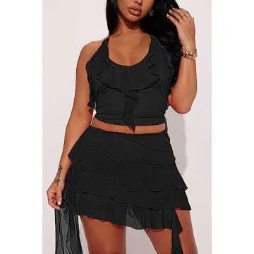 MOEENCN 2 Piece Skirt Sets for Women Sexy Sheer Mesh Bodycon Sleeveless Outfits for Women Backless Ruffle Party Club Night