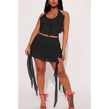 MOEENCN 2 Piece Skirt Sets for Women Sexy Sheer Mesh Bodycon Sleeveless Outfits for Women Backless Ruffle Party Club Night