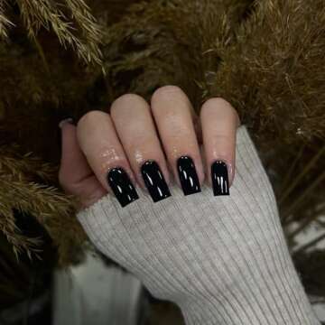 Black Press on Nails Short Medium Square Glue on Nails Set,Xcreando Summer Square Fake Nails Short Coffin Nails Press ons Gel Nails Medium Length False Nails For Women 24 Pcs