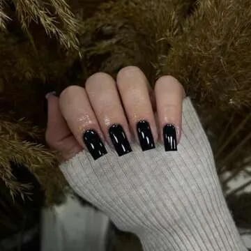 Black Press on Nails Short Medium Square Glue on Nails Set,Xcreando Summer Square Fake Nails Short Coffin Nails Press ons Gel Nails Medium Length False Nails For Women 24 Pcs