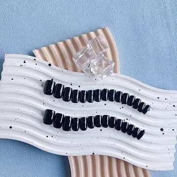 Black Press on Nails Short Medium Square Glue on Nails Set,Xcreando Summer Square Fake Nails Short Coffin Nails Press ons Gel Nails Medium Length False Nails For Women 24 Pcs